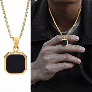 Men’s Black Square Pendant Box Gold Chain Necklace *NEW*